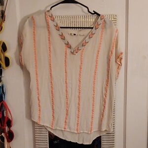 Miss Me V-Neck BohoTop with Neon Orange Tribal Embroidery